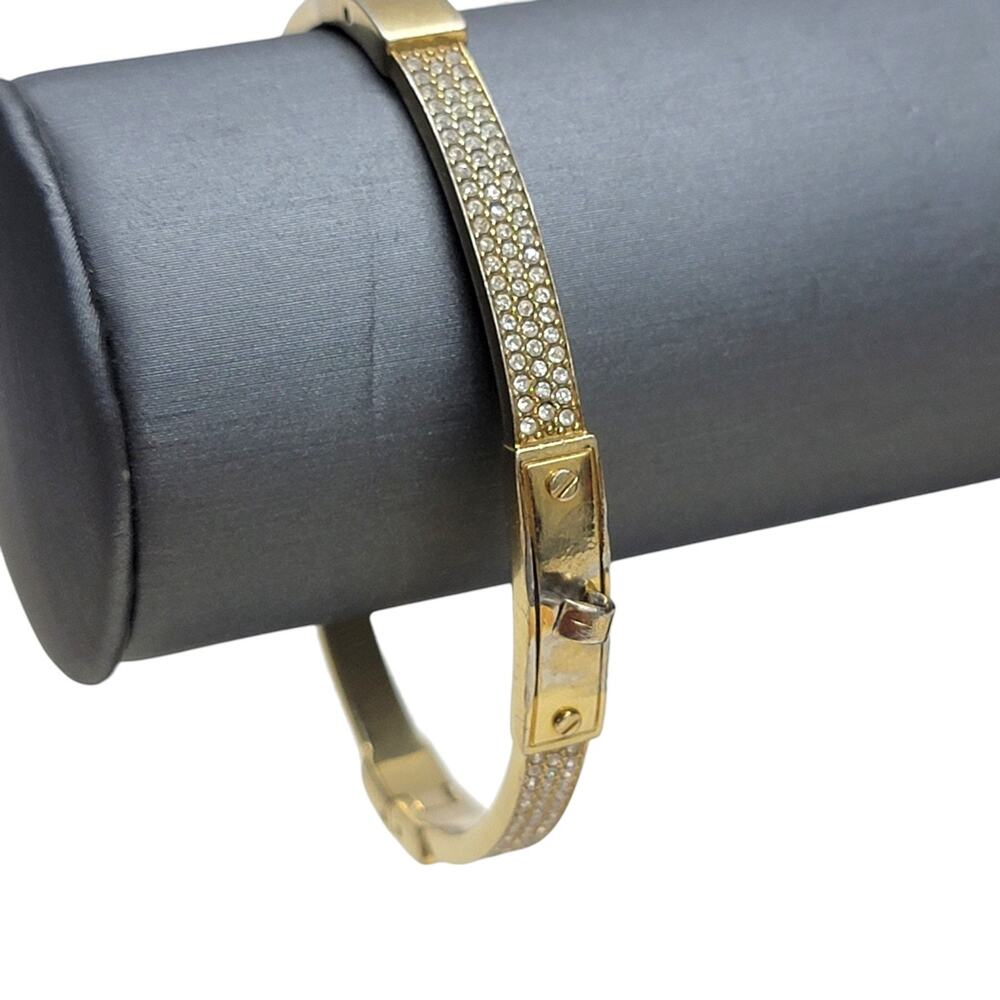 Michael Kors Pave Crystal Gold Tone Hinged Bangle Bracelet Charm Station Cuff